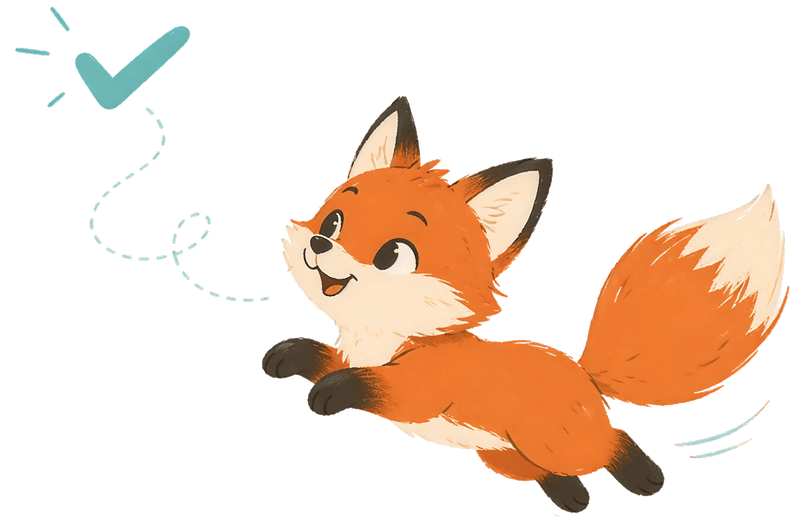 A cute fox trying to catch a teal butterfly looking like a checkbox.