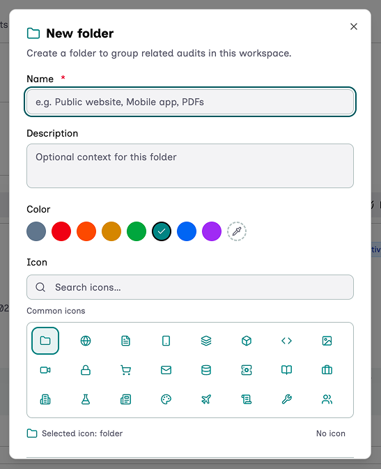 New folder modal to pick name, description, a color, and an icon among thousands available.