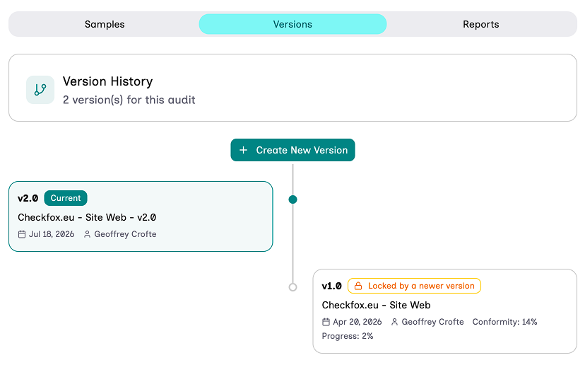 In an audit, next to the samples tab, the tab named "Versions" allows to create new audit versions, and to see affiliation.