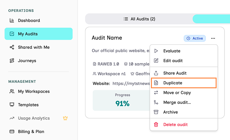 The action popover open over an audit card when clicking the 3 dots icon "more actions", in the My Audits section. The popover show, among other options, the "Duplicate" action.