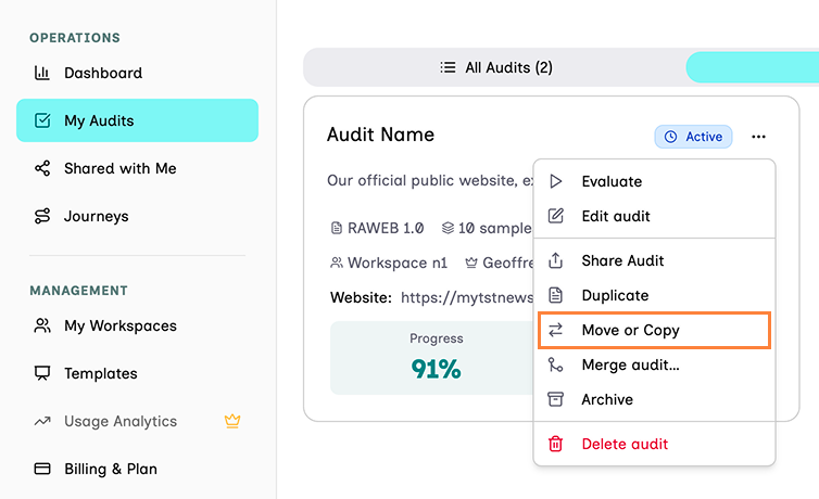 Step 1 of the Move or Copy action. The action popover open over an audit card when clicking the 3 dots icon "more actions", in the My Audits section. The popover show, among other options, the "Move or copy" action.